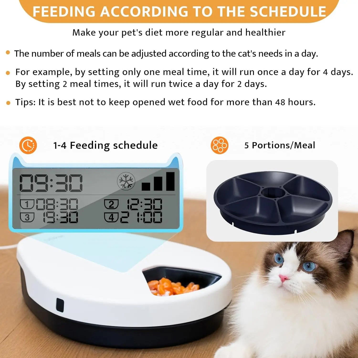 Automatic Cat Feeder Wet Food with Cooling, Semiconductor Refrigeration, with Timer, 5 Food Compartments for 330G Pet Food