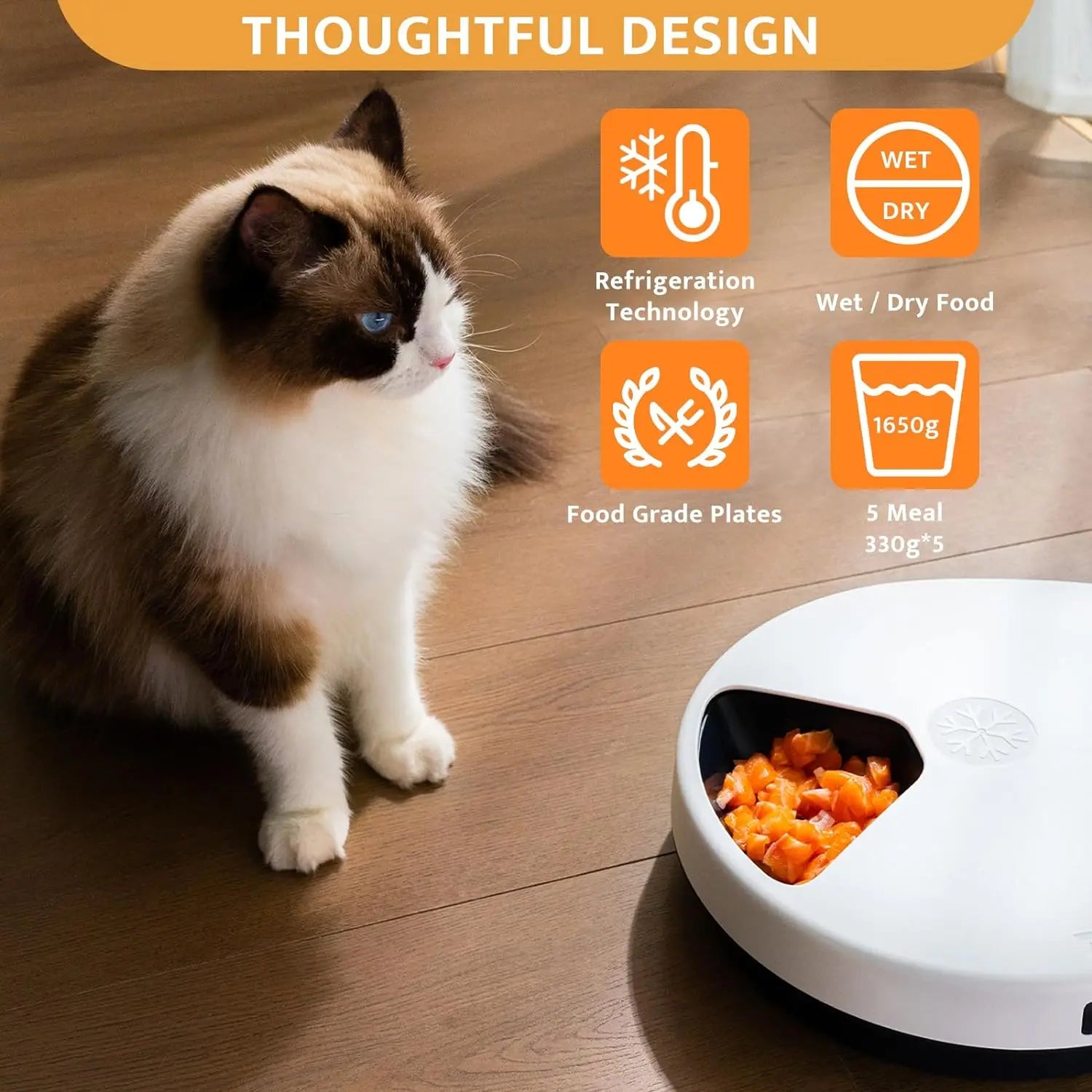 Automatic Cat Feeder Wet Food with Cooling, Semiconductor Refrigeration, with Timer, 5 Food Compartments for 330G Pet Food