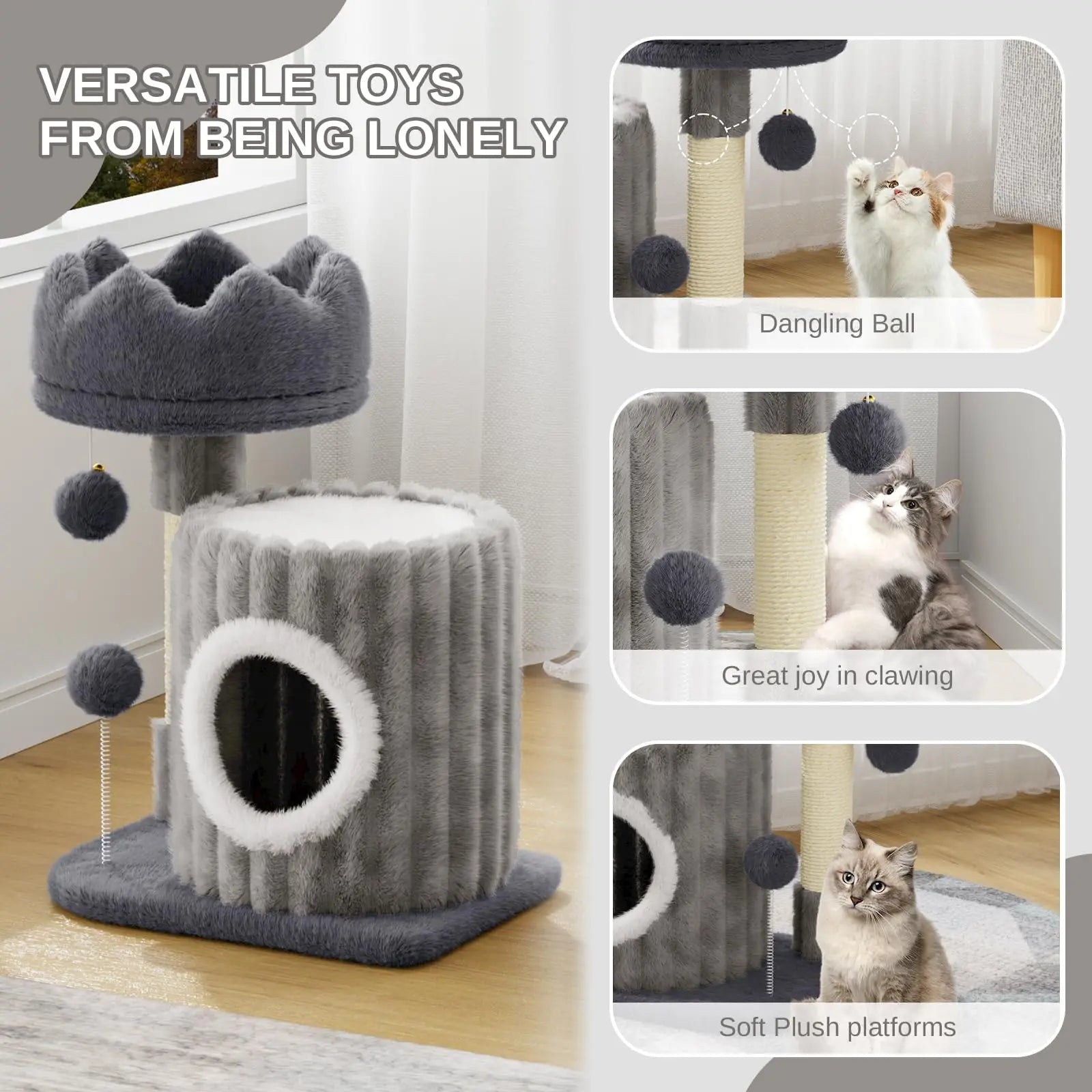 53Cm Small Cat Tree with Scratching Post - Indoor Cat Tower with Cave, Perch & 2 Play Balls for Kittens & Cats