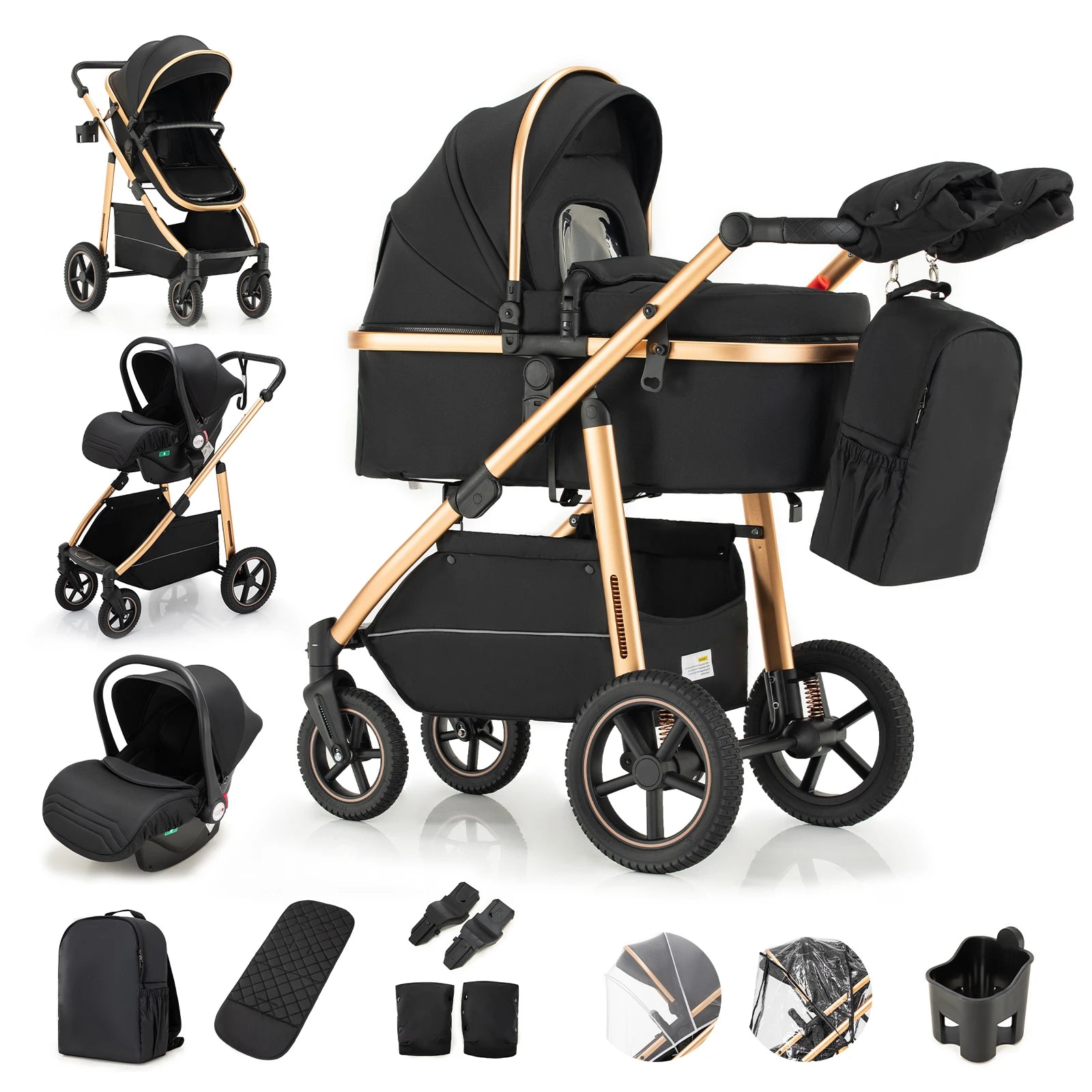 Baby Stroller 3 in 1 Portable Travel Baby Carriage Luxurious Fold Pram High Landscape Aluminum Frame Newborn Infant Stroller