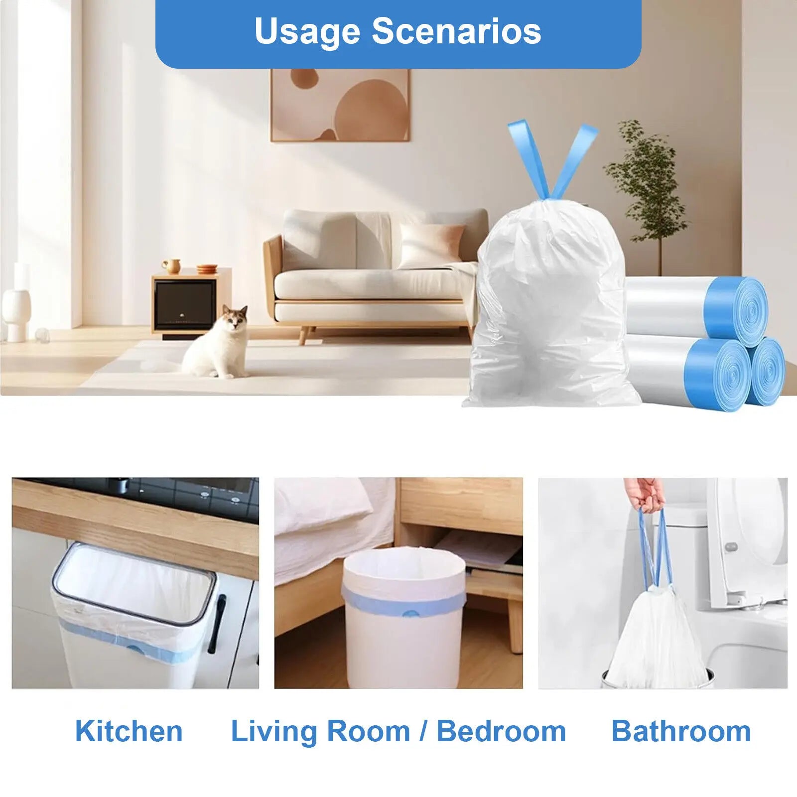 4 Rolls 60 Count 17X19Inch DOEL Self-Cleaning Cat Litter Box Trash Bags Drawstring Design Waste Bags Cat Litter Box Liners