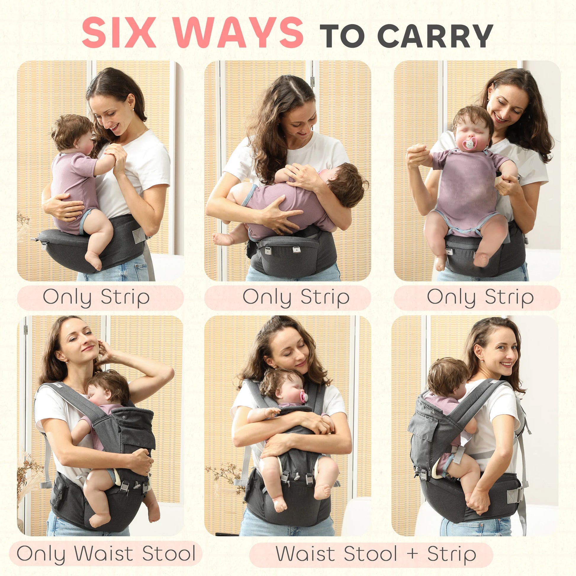 6-In-1 Baby Carrier for Newborn, Toddler with Removable Seat, Grey