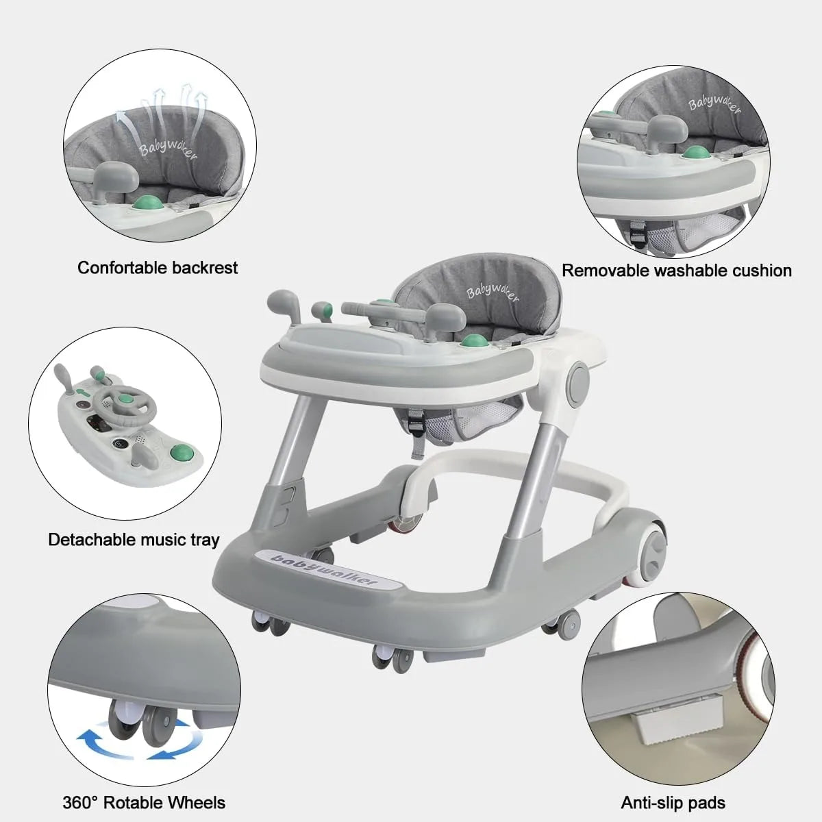 2 in 1 Baby Walker, Toddler Baby Push Walker with Removable Feeding Tray and Music Tray(Without Battery), Foldable Walker