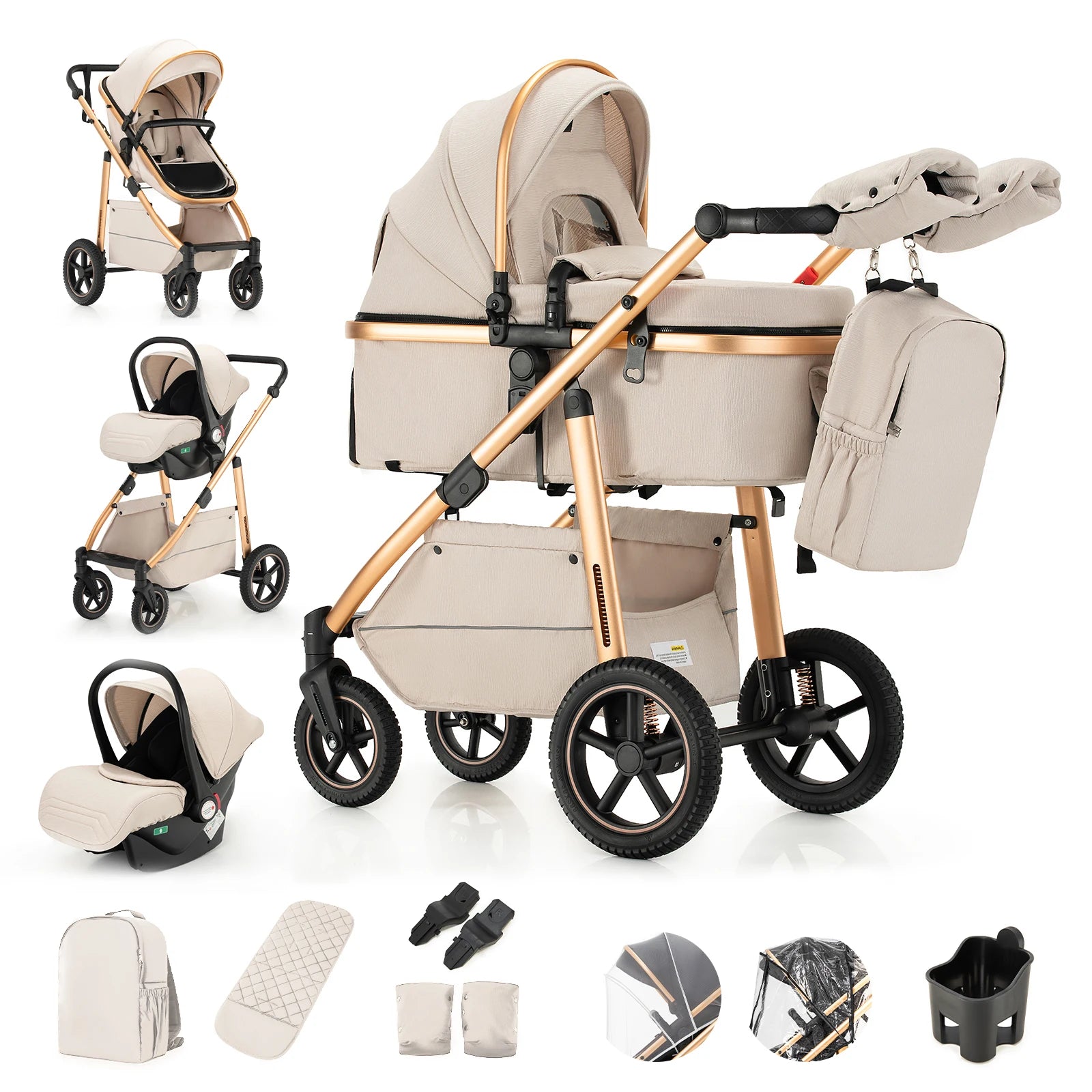 Baby Stroller 3 in 1 Portable Travel Baby Carriage Luxurious Fold Pram High Landscape Aluminum Frame Newborn Infant Stroller