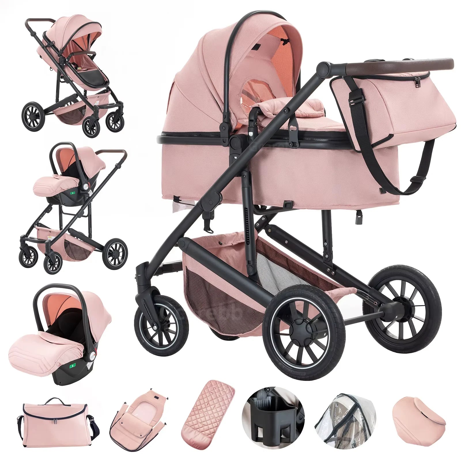 Baby Stroller 3 in 1 Portable Travel Baby Carriage Luxurious Fold Pram High Landscape Aluminum Frame Newborn Infant Stroller