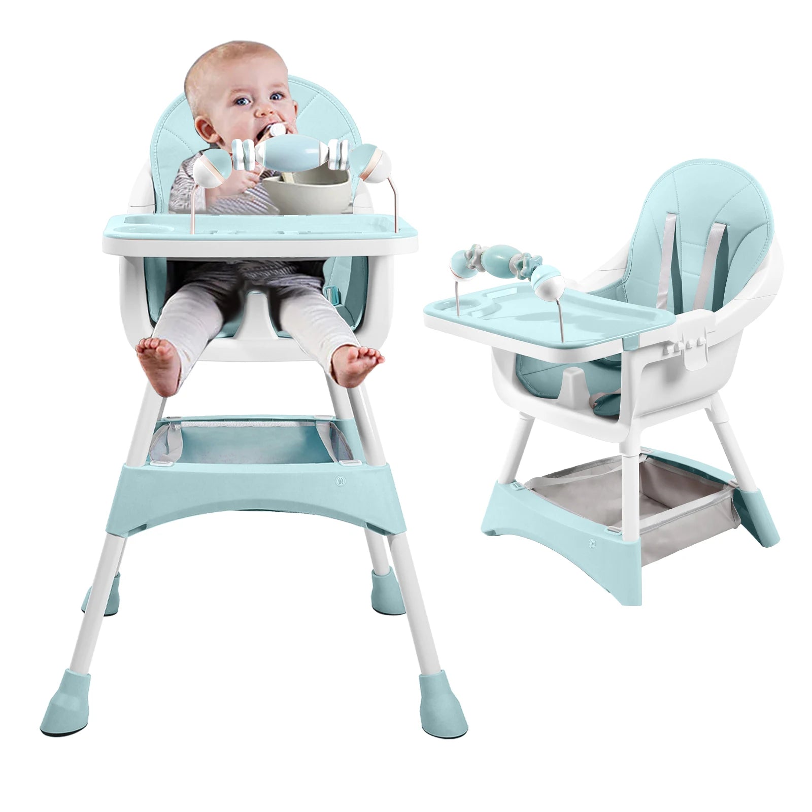 Baby High Chair, Portable Baby Dining Chairs Eat & Play Convertible High Chair with Double-Layer Dinner Plate and Toy Rack