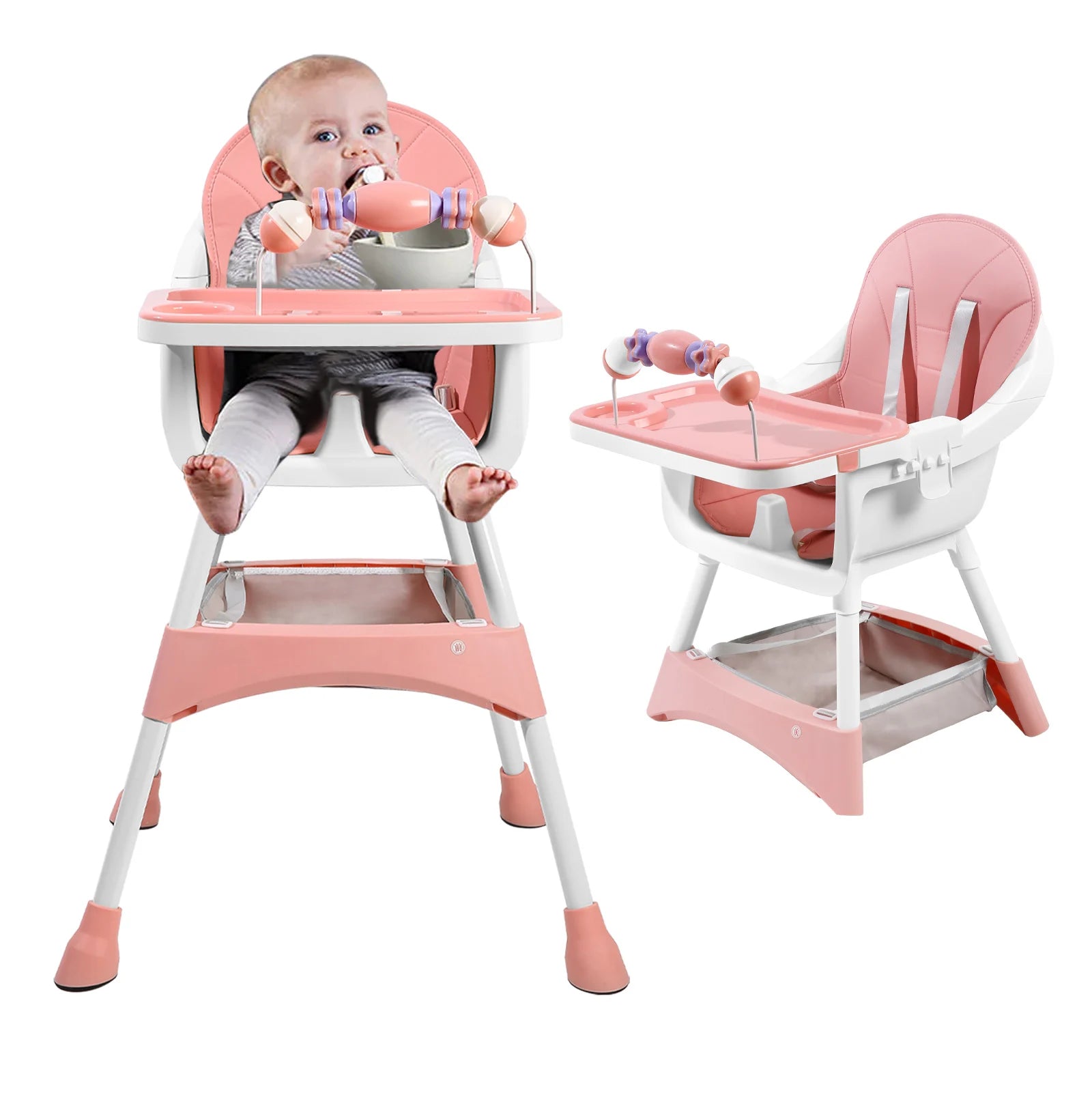 Baby High Chair, Portable Baby Dining Chairs Eat & Play Convertible High Chair with Double-Layer Dinner Plate and Toy Rack